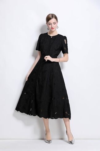 Lai Meng Five Cats Women's Flowy Floral Lace Short Sleeve Round Dound Devel Dress in Kuwait