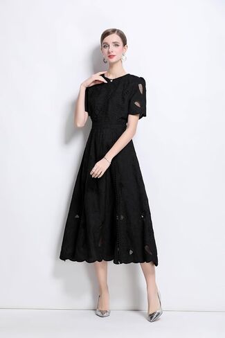 Lai Meng Five Cats Women's Flowy Floral Lace Short Sleeve Round Dound Devel Dress in Kuwait