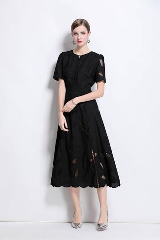 Lai Meng Five Cats Women's Flowy Floral Lace Short Sleeve Round Dound Devel Dress in Kuwait