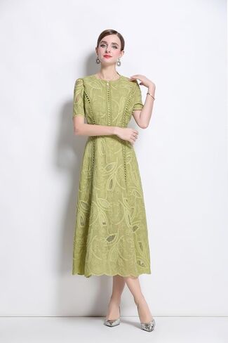 Lai Meng Five Cats Women's Flowy Floral Lace Short Sleeve Round Dound Devel Dress in Kuwait