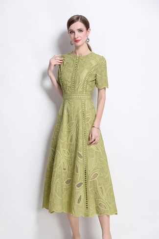 Lai Meng Five Cats Women's Flowy Floral Lace Short Sleeve Round Dound Devel Dress in Kuwait