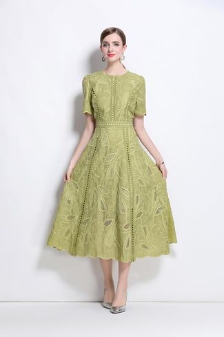 Lai Meng Five Cats Women's Flowy Floral Lace Short Sleeve Round Dound Devel Dress in Kuwait
