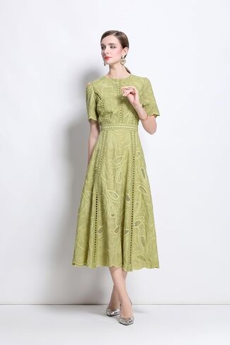 Lai Meng Five Cats Women's Flowy Floral Lace Short Sleeve Round Dound Devel Dress in Kuwait