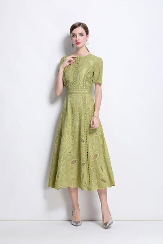 Lai Meng Five Cats Women's Flowy Floral Lace Short Sleeve Round Dound Devel Dress in Kuwait