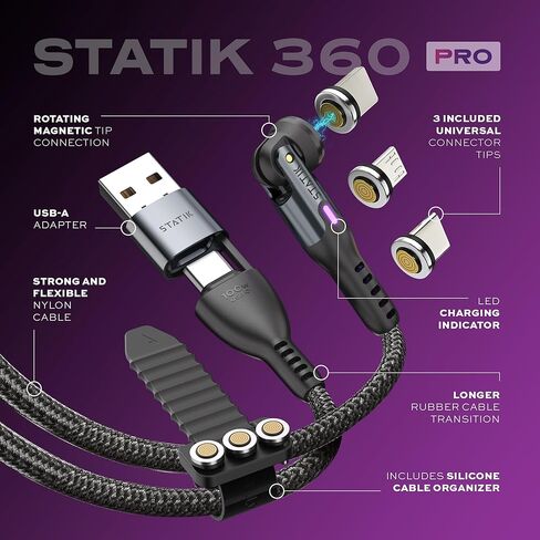 Statik GloBright 360 Pro Magnetic Charging Cable 3 Pack, Light Up Charging Cable, Magnetic USB C Charging Cable, LED Charging Cable, Magnetic Charger Cable, Glowing Light Up Phone Charger Cord 6FT/2M in Kuwait