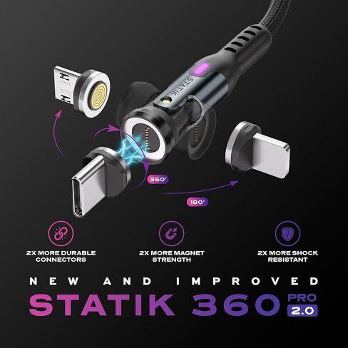 Statik GloBright 360 Pro Magnetic Charging Cable 3 Pack, Light Up Charging Cable, Magnetic USB C Charging Cable, LED Charging Cable, Magnetic Charger Cable, Glowing Light Up Phone Charger Cord 6FT/2M in Kuwait