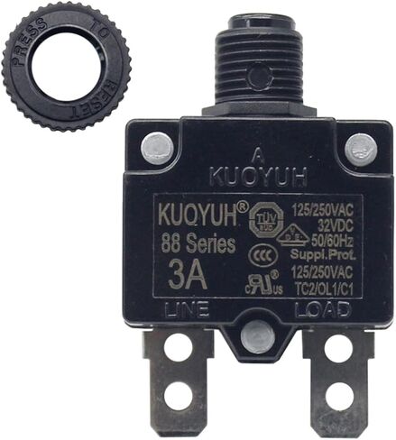 KUOYUH 88 Series 3, 5, 7, 8, 10, 12, 13, 15, 16, 20, 25, 30 Amp DC Circuit Breaker Push-Button Reset with Quick Connect Terminals and Transparent Waterproof Button Cover (25A) in Saudi Arabia