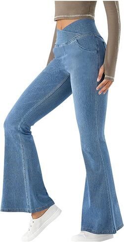 Bell Bottom Jeggings for Women Crossover High Waisted Stretch Denim Pants Fake Jeans Flare Yoga Leggings with Pocket in Saudi Arabia