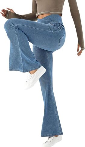 Bell Bottom Jeggings for Women Crossover High Waisted Stretch Denim Pants Fake Jeans Flare Yoga Leggings with Pocket in Saudi Arabia
