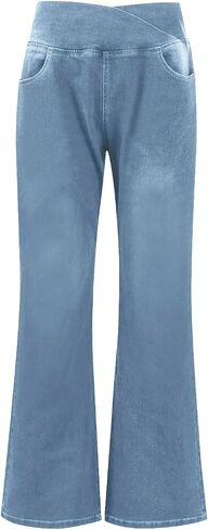 Bell Bottom Jeggings for Women Crossover High Waisted Stretch Denim Pants Fake Jeans Flare Yoga Leggings with Pocket in Saudi Arabia