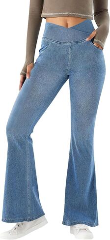 Bell Bottom Jeggings for Women Crossover High Waisted Stretch Denim Pants Fake Jeans Flare Yoga Leggings with Pocket in Saudi Arabia