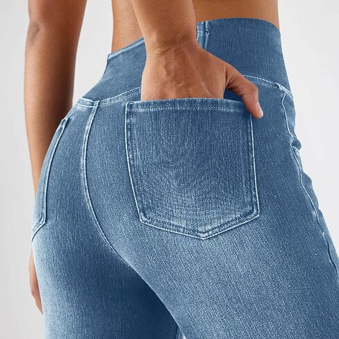 Bell Bottom Jeggings for Women Crossover High Waisted Stretch Denim Pants Fake Jeans Flare Yoga Leggings with Pocket in Saudi Arabia