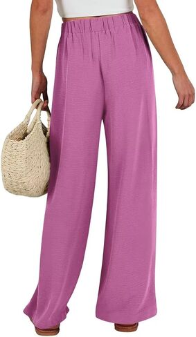 Womens Linen Wide Leg Pants Tie High Waisted Baggy Palazzo Pants Casual Vacation Outfits Lounge Trousers with Pocket in Kuwait