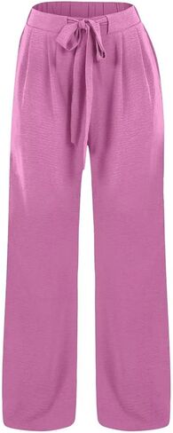 Womens Linen Wide Leg Pants Tie High Waisted Baggy Palazzo Pants Casual Vacation Outfits Lounge Trousers with Pocket in Kuwait