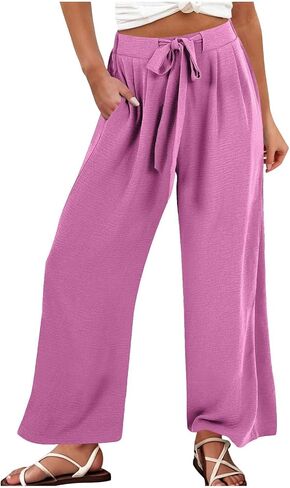 Womens Linen Wide Leg Pants Tie High Waisted Baggy Palazzo Pants Casual Vacation Outfits Lounge Trousers with Pocket in Kuwait