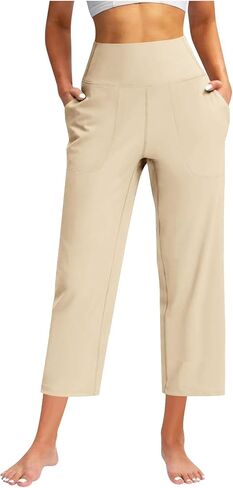 Womens Pull on Capris with Pocket Yoga Capri Pants High Waist Leggings Crop Straight Leg Athletic Workout Pant in Saudi Arabia