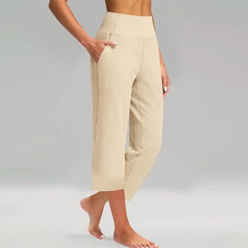 Womens Pull on Capris with Pocket Yoga Capri Pants High Waist Leggings Crop Straight Leg Athletic Workout Pant in Saudi Arabia