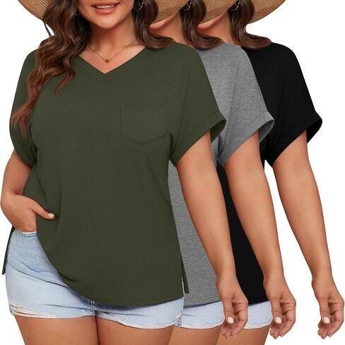 Ficerd 3 Pack Women's Plus Size Thirts ، V الرقبة القصيرة الأكمام الضخمة ذات الحجم الكبير من الجانبين تقسيم المحملات الصيفية السائبة مع جيوب in Kuwait