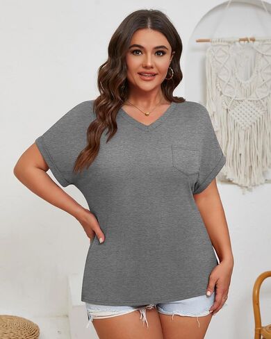 Ficerd 3 Pack Women's Plus Size Thirts ، V الرقبة القصيرة الأكمام الضخمة ذات الحجم الكبير من الجانبين تقسيم المحملات الصيفية السائبة مع جيوب in Kuwait