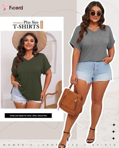 Ficerd 3 Pack Women's Plus Size Thirts ، V الرقبة القصيرة الأكمام الضخمة ذات الحجم الكبير من الجانبين تقسيم المحملات الصيفية السائبة مع جيوب in Kuwait