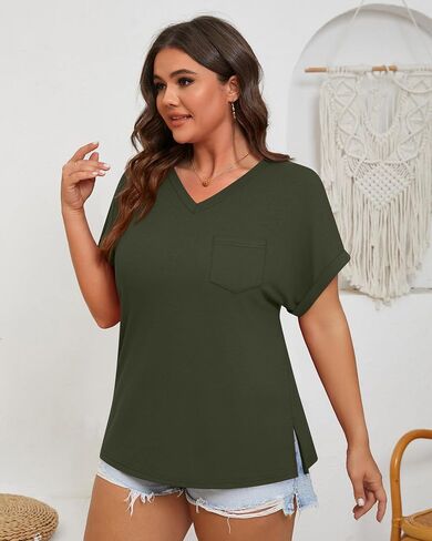 Ficerd 3 Pack Women's Plus Size Thirts ، V الرقبة القصيرة الأكمام الضخمة ذات الحجم الكبير من الجانبين تقسيم المحملات الصيفية السائبة مع جيوب in Kuwait