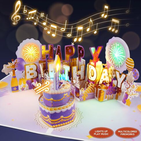 XTF2015 Birthday Cards Fireworks 3D Pop Up Chocolate Cake, Lights and Musical Happy Birthday Card Gift with Envelope and Note Tag for Women, Men, Kids, Mom, Friend in Kuwait