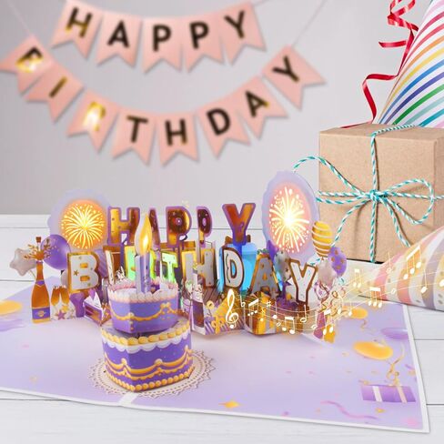 XTF2015 Birthday Cards Fireworks 3D Pop Up Chocolate Cake, Lights and Musical Happy Birthday Card Gift with Envelope and Note Tag for Women, Men, Kids, Mom, Friend in Kuwait