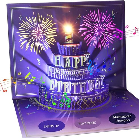 XTF2015 Birthday Cards Fireworks 3D Pop Up Chocolate Cake, Lights and Musical Happy Birthday Card Gift with Envelope and Note Tag for Women, Men, Kids, Mom, Friend in Kuwait