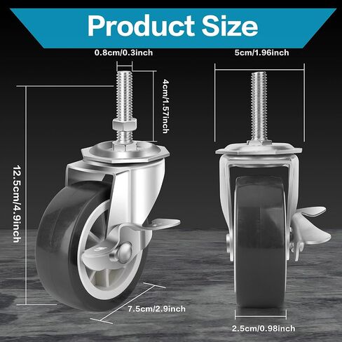 3 Inch Heavy Duty Stem Casters Swivel Wheels with Brake - 3/8" -16 x 1-1/2" (Stem Diameter 3/8", Stem Length 1-1/2"),Set of 4 with Locking Threaded Stem Caster Wheels - Load 600lbs in Saudi Arabia