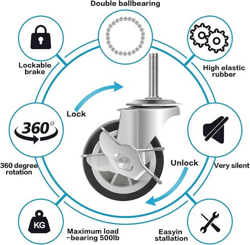 3 Inch Heavy Duty Stem Casters Swivel Wheels with Brake - 3/8" -16 x 1-1/2" (Stem Diameter 3/8", Stem Length 1-1/2"),Set of 4 with Locking Threaded Stem Caster Wheels - Load 600lbs in Saudi Arabia