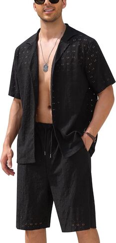 ABAFIP Men's Beach Outfits 2 Piece Short Set Summer Short Sleeve Sheer Shirt and Shorts Vacation Clothes in Saudi Arabia
