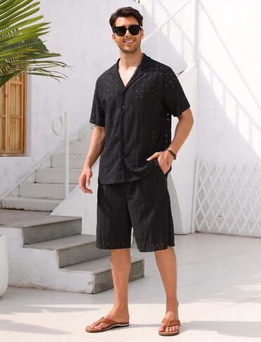 ABAFIP Men's Beach Outfits 2 Piece Short Set Summer Short Sleeve Sheer Shirt and Shorts Vacation Clothes in Saudi Arabia