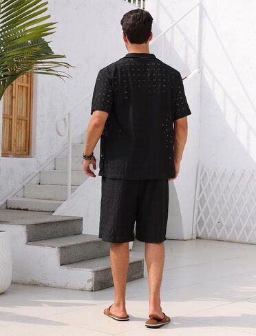 ABAFIP Men's Beach Outfits 2 Piece Short Set Summer Short Sleeve Sheer Shirt and Shorts Vacation Clothes in Saudi Arabia