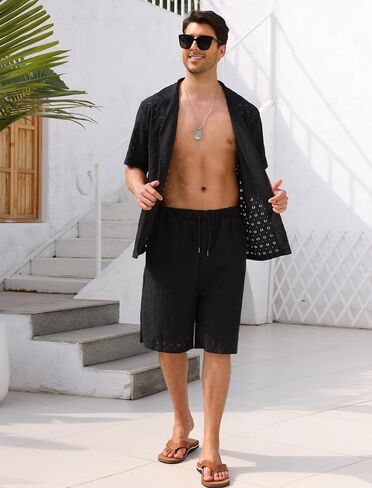 ABAFIP Men's Beach Outfits 2 Piece Short Set Summer Short Sleeve Sheer Shirt and Shorts Vacation Clothes in Saudi Arabia