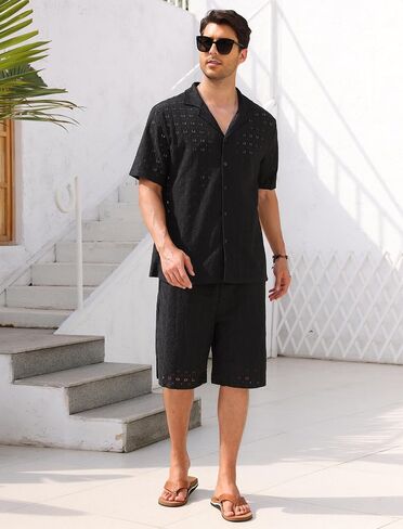ABAFIP Men's Beach Outfits 2 Piece Short Set Summer Short Sleeve Sheer Shirt and Shorts Vacation Clothes in Saudi Arabia