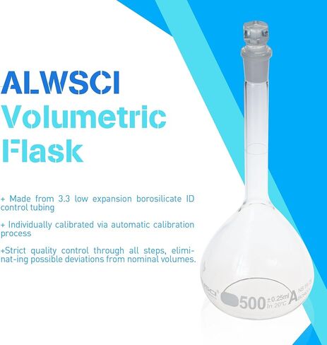 ALWSCI 1000 ML Volumetric Measuring Flask Set NS19/26 Glass Stopper, Graduated, ASTM Class A Borosilicate Glass 3.3 for Laboratory, 2PCS in Kuwait