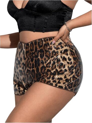 SweatyRocks Women's Plus Size Cheetah Print Sparkle Sequin Y2K Rave Leopard Micro Mini Shorts in Saudi Arabia