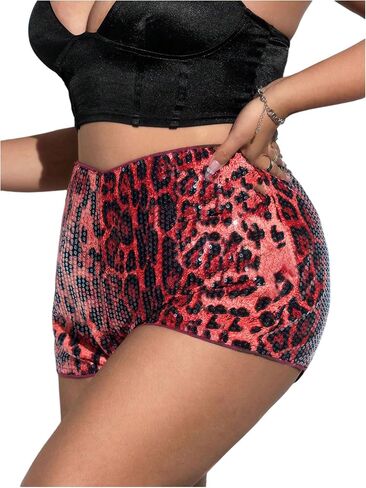 SweatyRocks Women's Plus Size Cheetah Print Sparkle Sequin Y2K Rave Leopard Micro Mini Shorts in Saudi Arabia