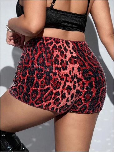 SweatyRocks Women's Plus Size Cheetah Print Sparkle Sequin Y2K Rave Leopard Micro Mini Shorts in Saudi Arabia