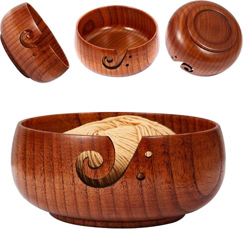 Wooden Yarn Bowl, 6" x 3" Knitting Yarn Bowl with Holes, Handmade Rounded Edge Yarn for Crocheting, Yarn Storage Bowl Holder for DIY Knitting, Knitting and Crochet Supplies in Kuwait