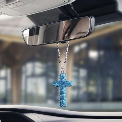 Car rearview mirror accessories for men & women,car charm accessories cross for car mirror hanging，Sparkling rhinestone cross for friends & family in Saudi Arabia