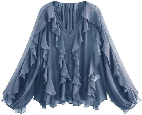Womens Button Down Shirts Ruffle Long Lantern Sleeve Blouse Casual Loose V Neck Tops Solid Fashion Fall Clothes in Kuwait