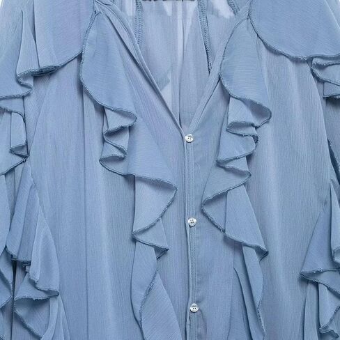 Womens Button Down Shirts Ruffle Long Lantern Sleeve Blouse Casual Loose V Neck Tops Solid Fashion Fall Clothes in Kuwait