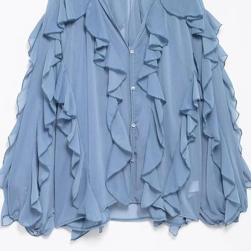 Womens Button Down Shirts Ruffle Long Lantern Sleeve Blouse Casual Loose V Neck Tops Solid Fashion Fall Clothes in Kuwait