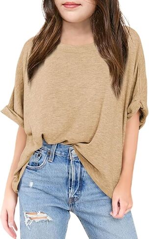 Girls Short Sleeve T Shirts Kids Fashion Oversized Drop Shoulder Tops Tshirts Casual Basic Tee in Kuwait