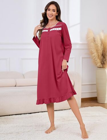 Bloggerlove 100% Womens Cotton Nightgown Short/Long Sleeve House Dress with Pockets Sleep Dress S-3XL in Kuwait