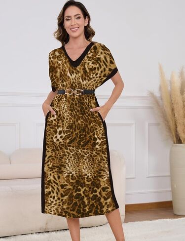 Long Liegowns for Women Short Sleeve Moomoo Kaftan v-Neck Batwing Cotton House Dress مع جيوب S-2XL in Saudi Arabia