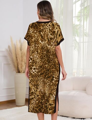Long Liegowns for Women Short Sleeve Moomoo Kaftan v-Neck Batwing Cotton House Dress مع جيوب S-2XL in Saudi Arabia