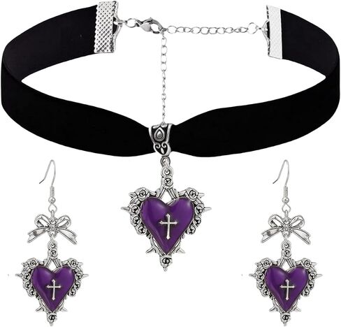 Gothic Heart Thorns Necklace Earrings Set for Women,Punk Style Velvet Big Heart Choker Necklaces Vintage Red Black Purple Crystal Earrings Y2k Aesthetic Hip Hop Halloween Jewelry Costume in Kuwait