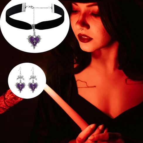 Gothic Heart Thorns Necklace Earrings Set for Women,Punk Style Velvet Big Heart Choker Necklaces Vintage Red Black Purple Crystal Earrings Y2k Aesthetic Hip Hop Halloween Jewelry Costume in Kuwait